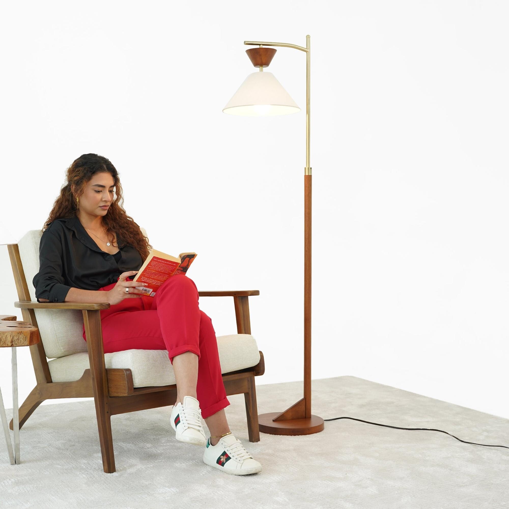 Mid-Century Modern Corner Floor Lamp with Foot Switch - Brown