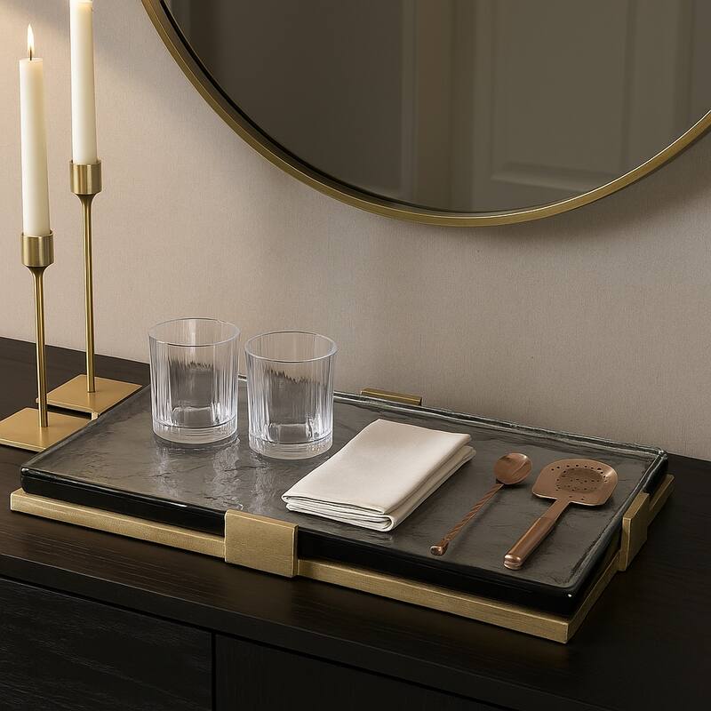 Decorative Glass and Metal Rectangle Accent Tray-Home Decor-19", Gold - 19.0"