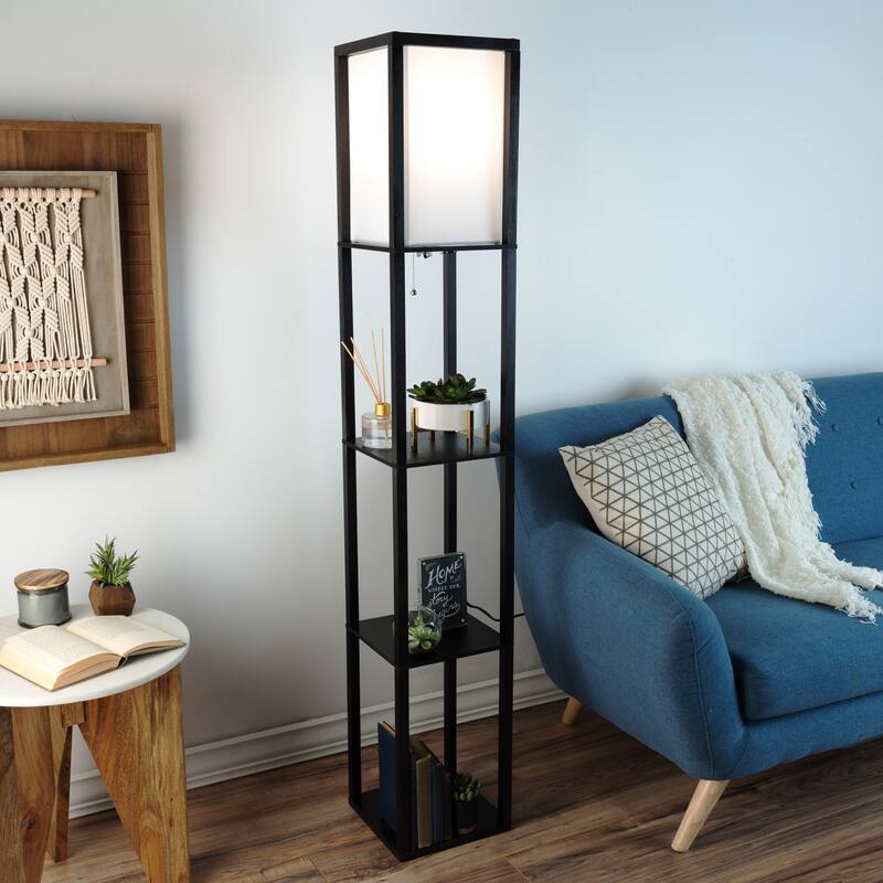 Lavish Home LED Floor Lamp with 3 Shelves, Brown - Black