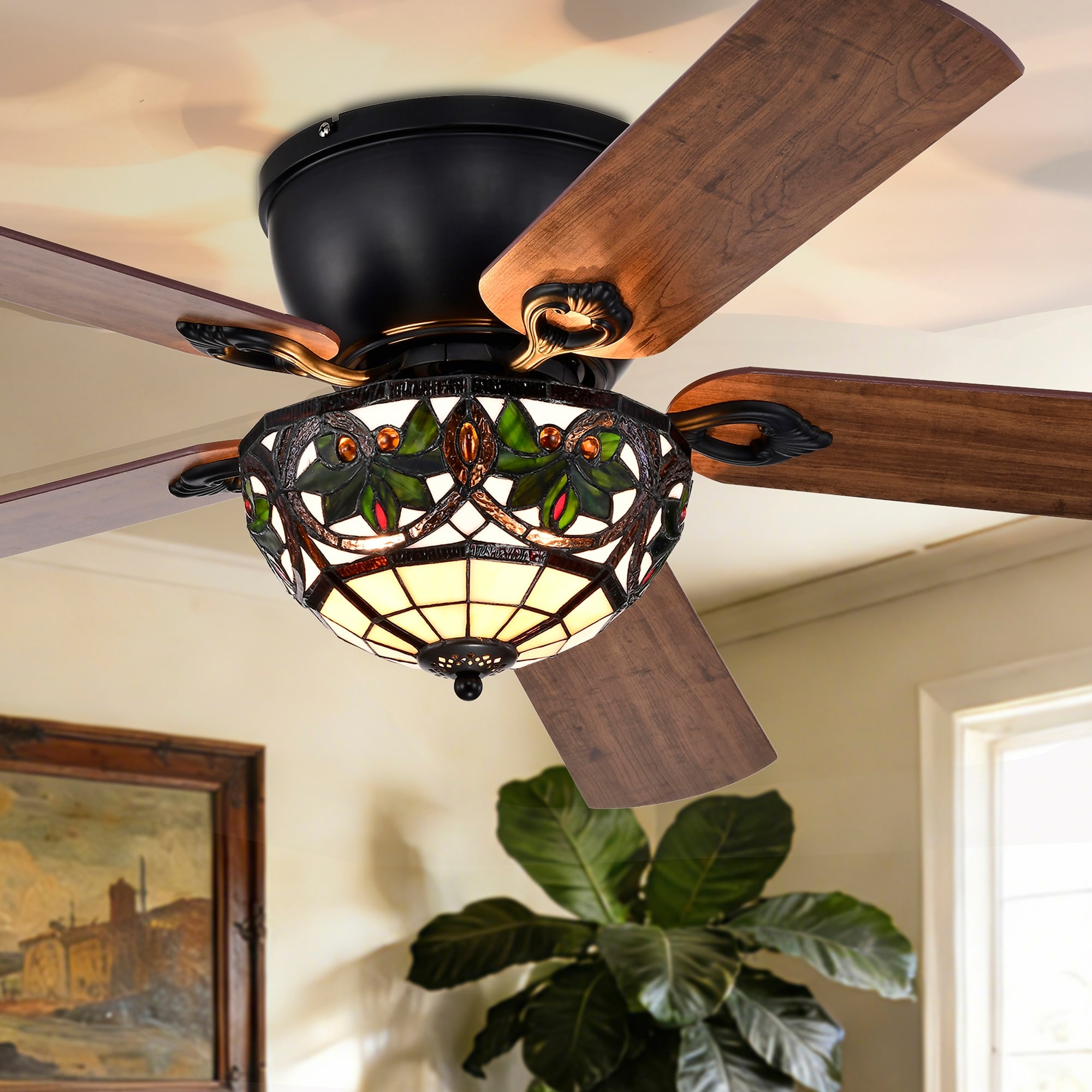 Warehouse of Tiffany Peacoo 52-Inch Flushmount Lighted Ceiling Fan Ivory Leaf Berry Tiffany Glass Lamp Black Finish
