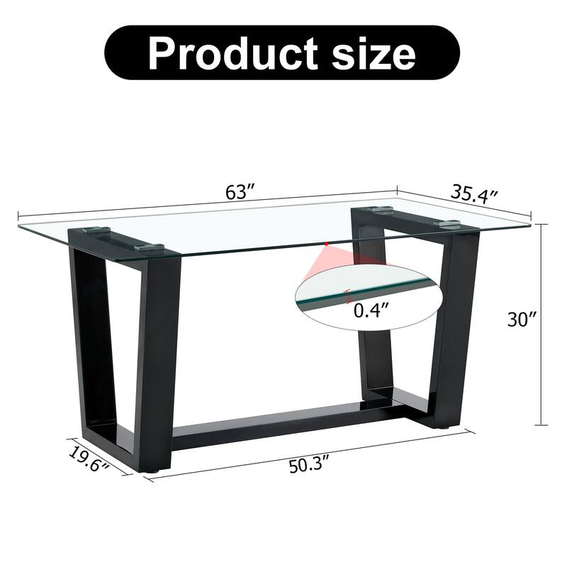 Glass Dining Table Large Modern Minimalist Rectangular for 6-8 with 0.4" Tempered Glass Tabletop
