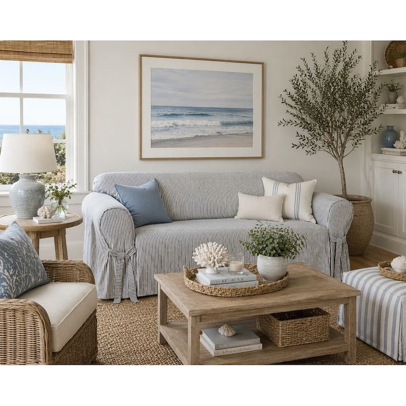 Classic Slipcovers Brushed Twill Sofa Slipcover - Navy/White Stripe