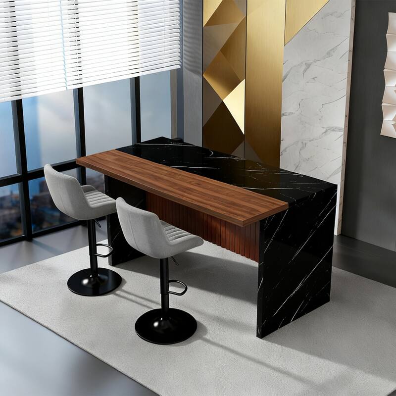 63" Modern Kitchen Island with Marble-Look Surface, LED Lights & Grille Design for Dining Room, Living Room