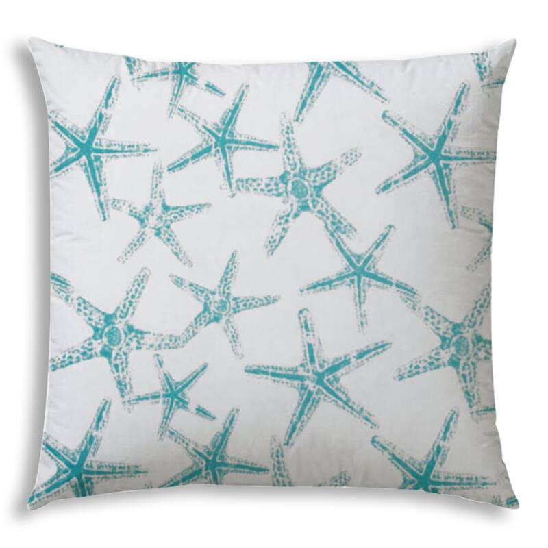 20" Turquoise and White Starfish Coastal Indoor Outdoor Throw Pillow Cover - 20" X 20"