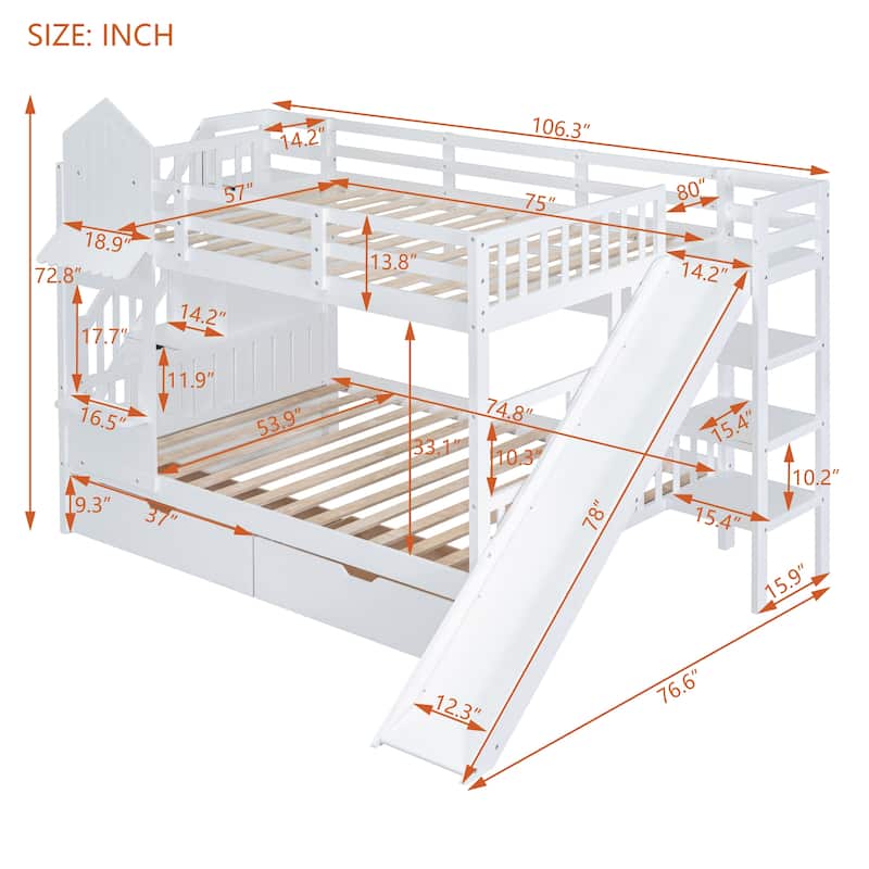 White Full over Full Size Solid Wood Castle Style Bunk Bed with 2 Drawers 3 Shelves and Slide for Kids, Bedroom