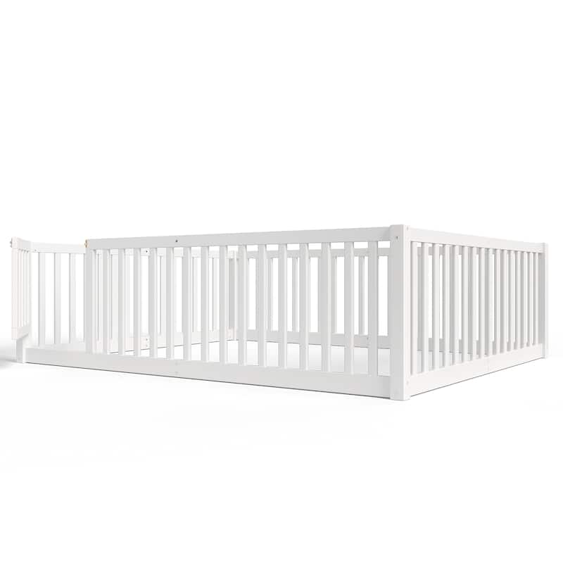 Montessori Floor Bed with Safety Guardrails & Door, Kids Low Profile Frame, Available in Queen/Full/Twin