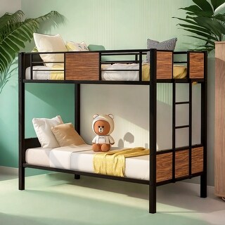 Twin over Twin bunk bed with safety rail, built-in ladder, Modern Style Steel Frame, Space-saving, Brown