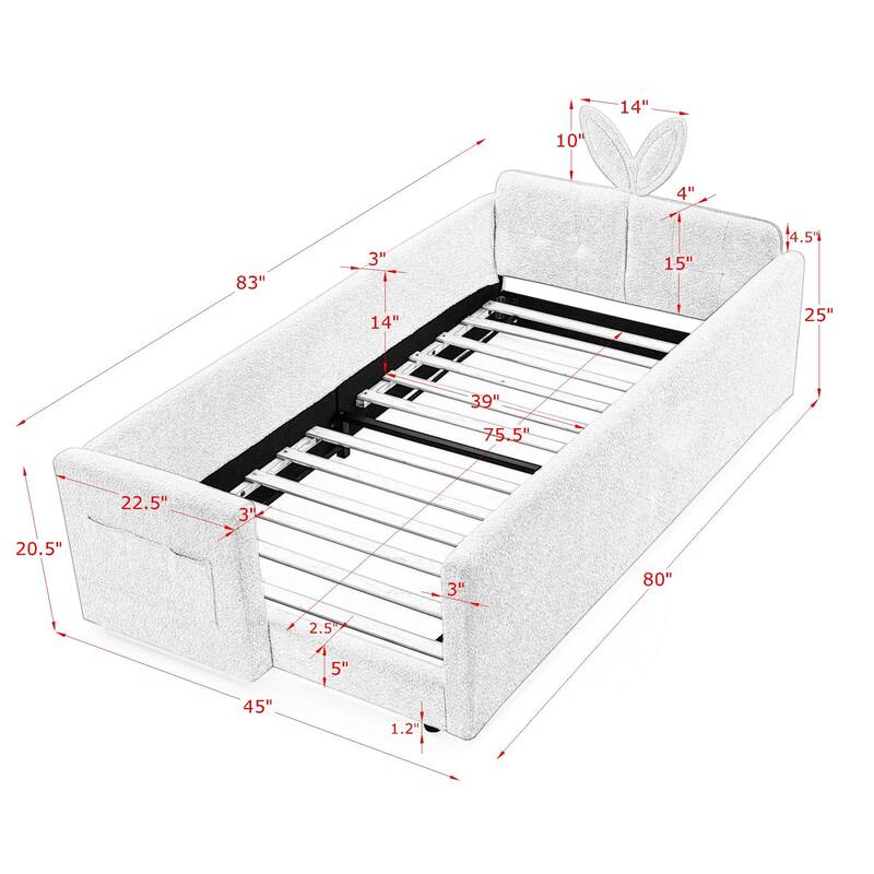 Roomfitters Twin Upholstered Platform Bed with Rabbit Ear Headboard, Safety Rail and Side Pocket, Boucle Fabric