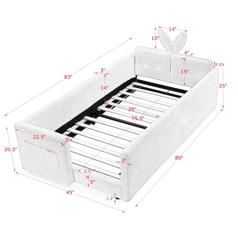 Twin Size Platform Bed Upholstered Bed with Safety Rail and Pocket, Kids Bed with Rabbit Ear, Skin-friendly Boucle Fabric