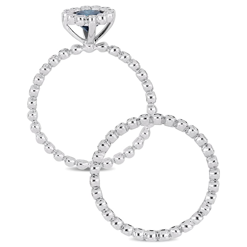 Miadora 1ct TDW Blue and White Diamond Bridal Set Ring in 10k White Gold