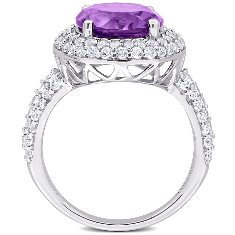 Miadora 5 1/3ct TGW Oval-Cut Amethyst and White Topaz Double Halo Ring in Sterling Silver