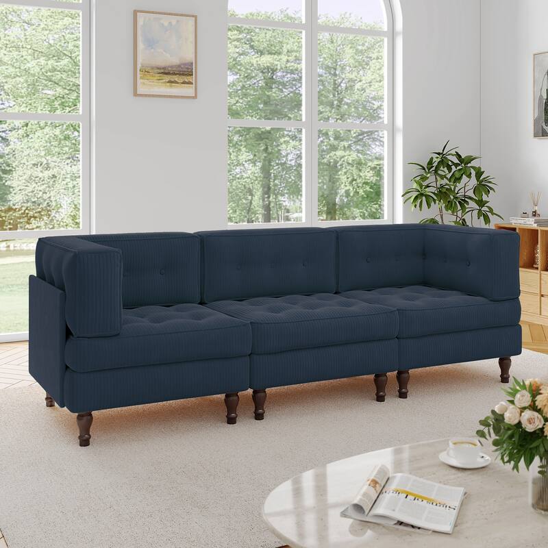 98"W Modular Upholstered Corduroy Sectional Sofa for Living Room - Navy