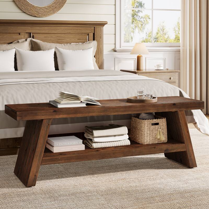 Solid Wood Entryway Bench, 2-Tier Shoe Bench with Open Shelves