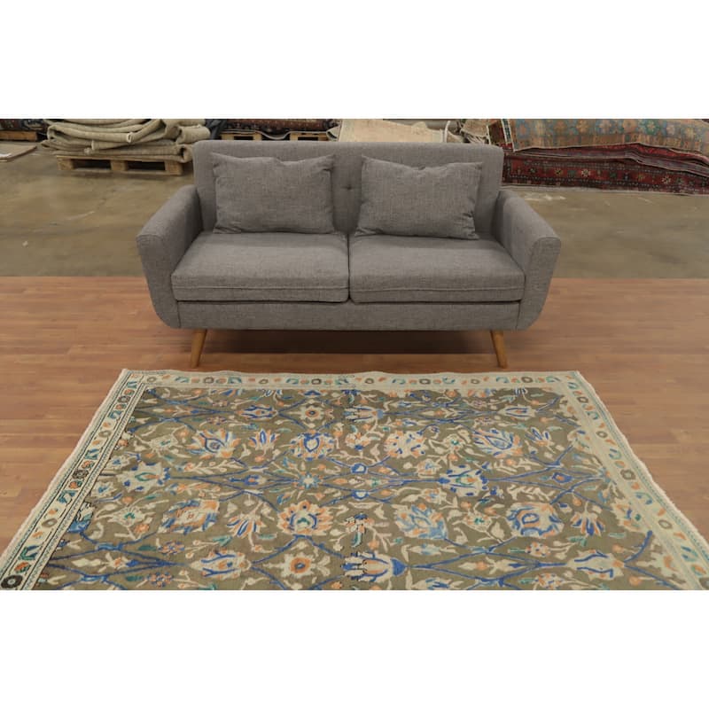 Hand Knotted Oriental 100% Wool Carpet Traditional Floral Green Tabriz Area Rug - 6' 6'' X 4' 3''