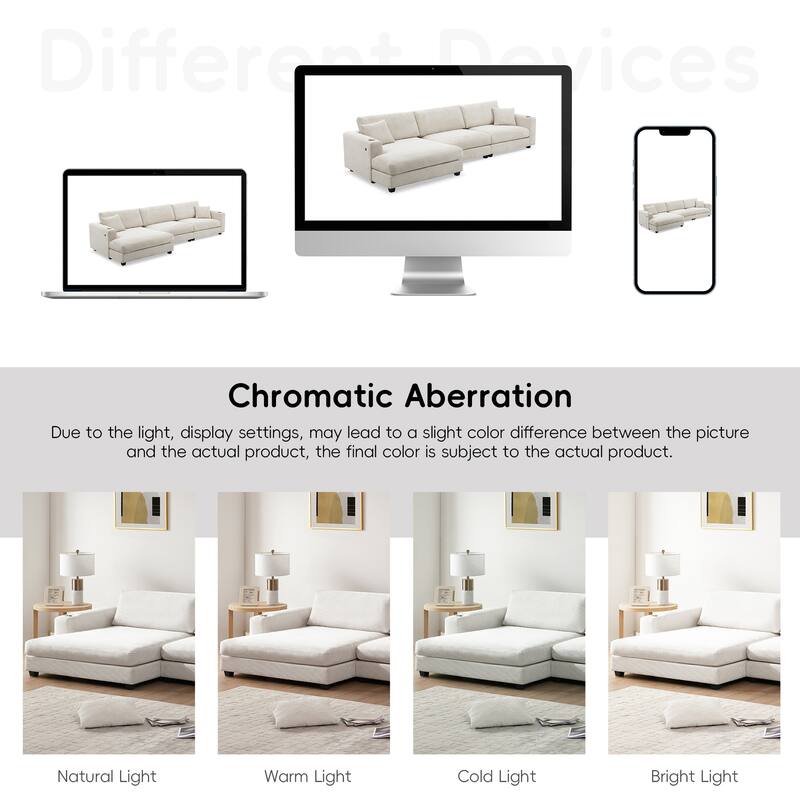 Spacious 4-Seater Corduroy Cloud Couch with Chaise, USB Charging Ports, and Cup Holders