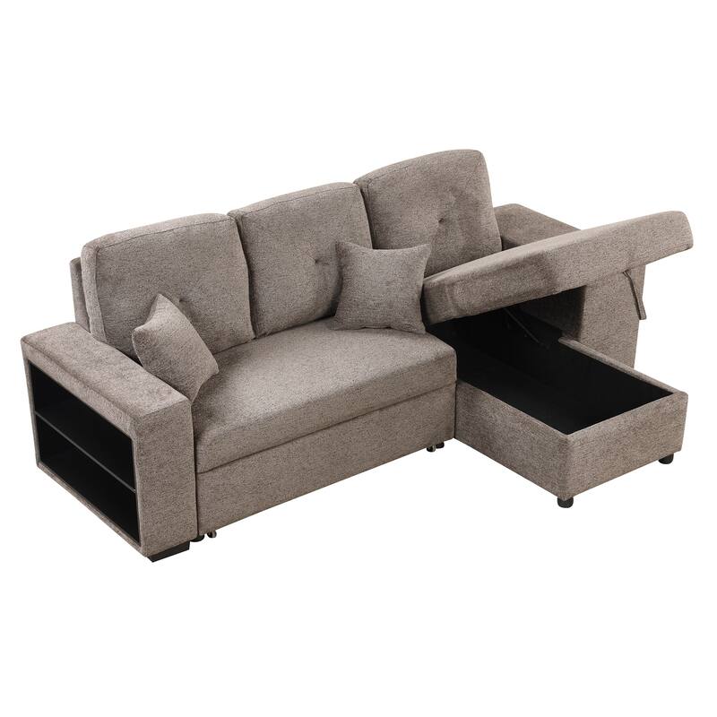 95" Reversible Sleeper Sofa Pull-Out Sofa Bed with Side Shelf and 2 Stools, Storage Chaise Left/Right Hande for Living Room