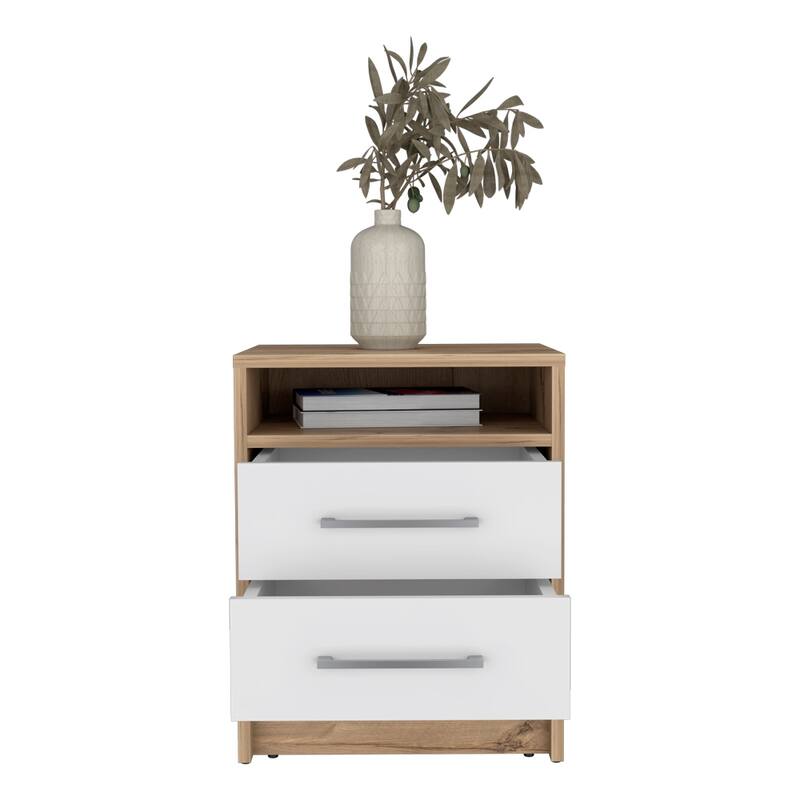 Two-Drawer Nightstand, White and Light Oak Finish