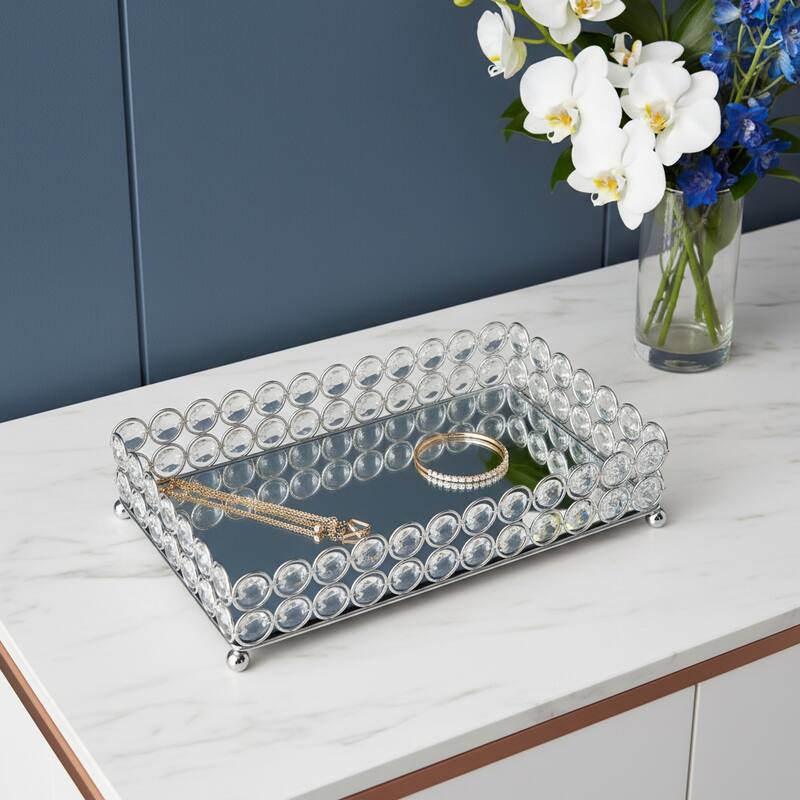 HomeRoots 11" Silver And Clear Faux Crystal Metal And Mirrored Glass Vanity Tray - 10.50 in. x 2.25 in. x 6.25 in. - Clear/Silver - 10.50 in. x 2.25 in. x 6.25 in.