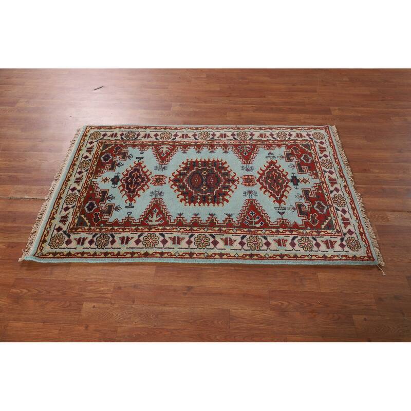 Light Blue Geometric Viss Indian Foyer Rug Handmade Wool Carpet - 2'11"x 4'9"