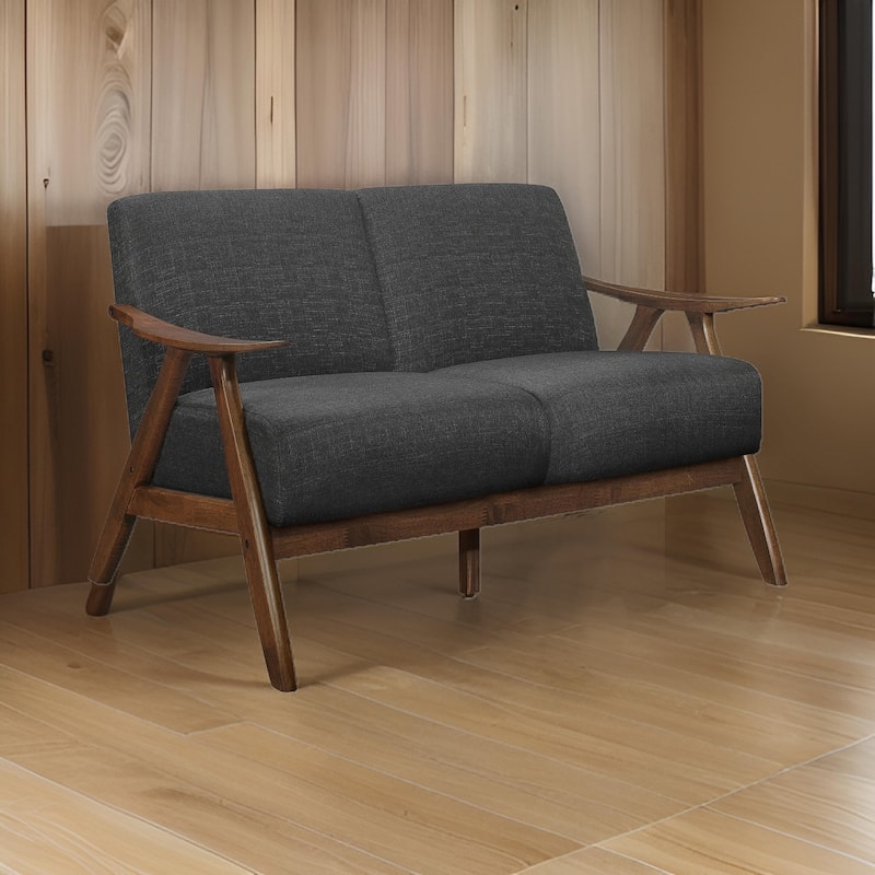 Indy 51 Inch Loveseat, Brown Rubberwood Angled Frame, Textured Gray Fabric