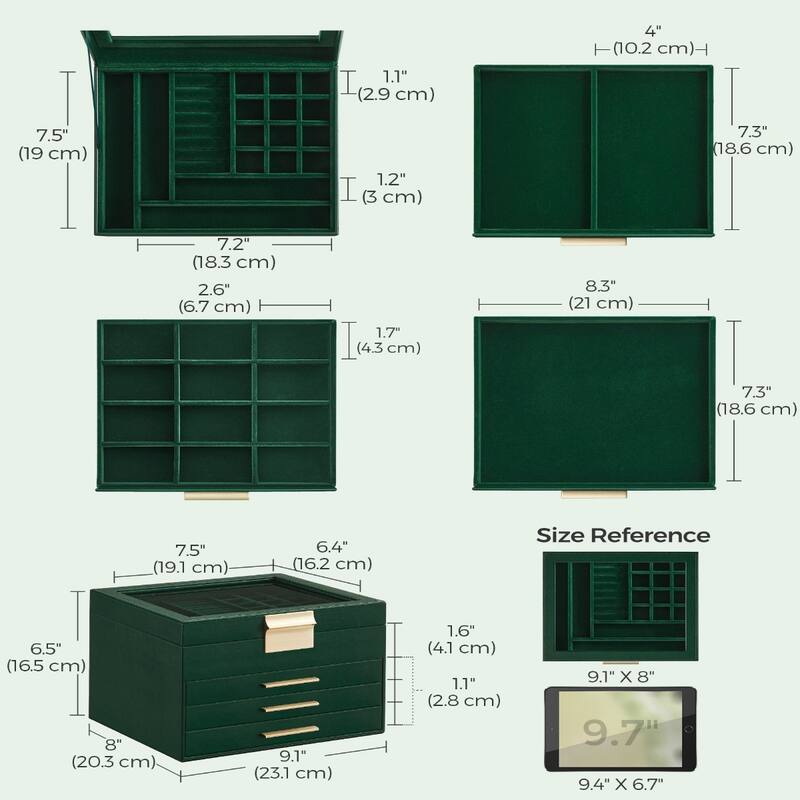 Modern Jewelry Organizer with Multiple Drawers Glass Top and Velvet Interior for Storage