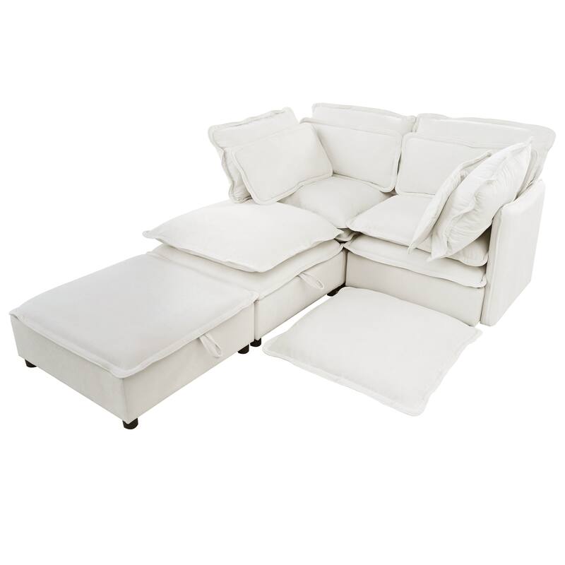 Double-Layer Cushion Modular 4-Seater Sofa with Storage, Beige Polyester