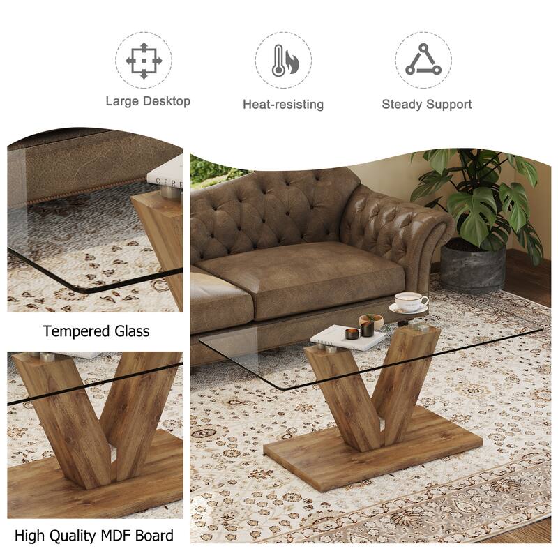 Transparent Tempered Glass Tabletop With Wooden Mdf Columns