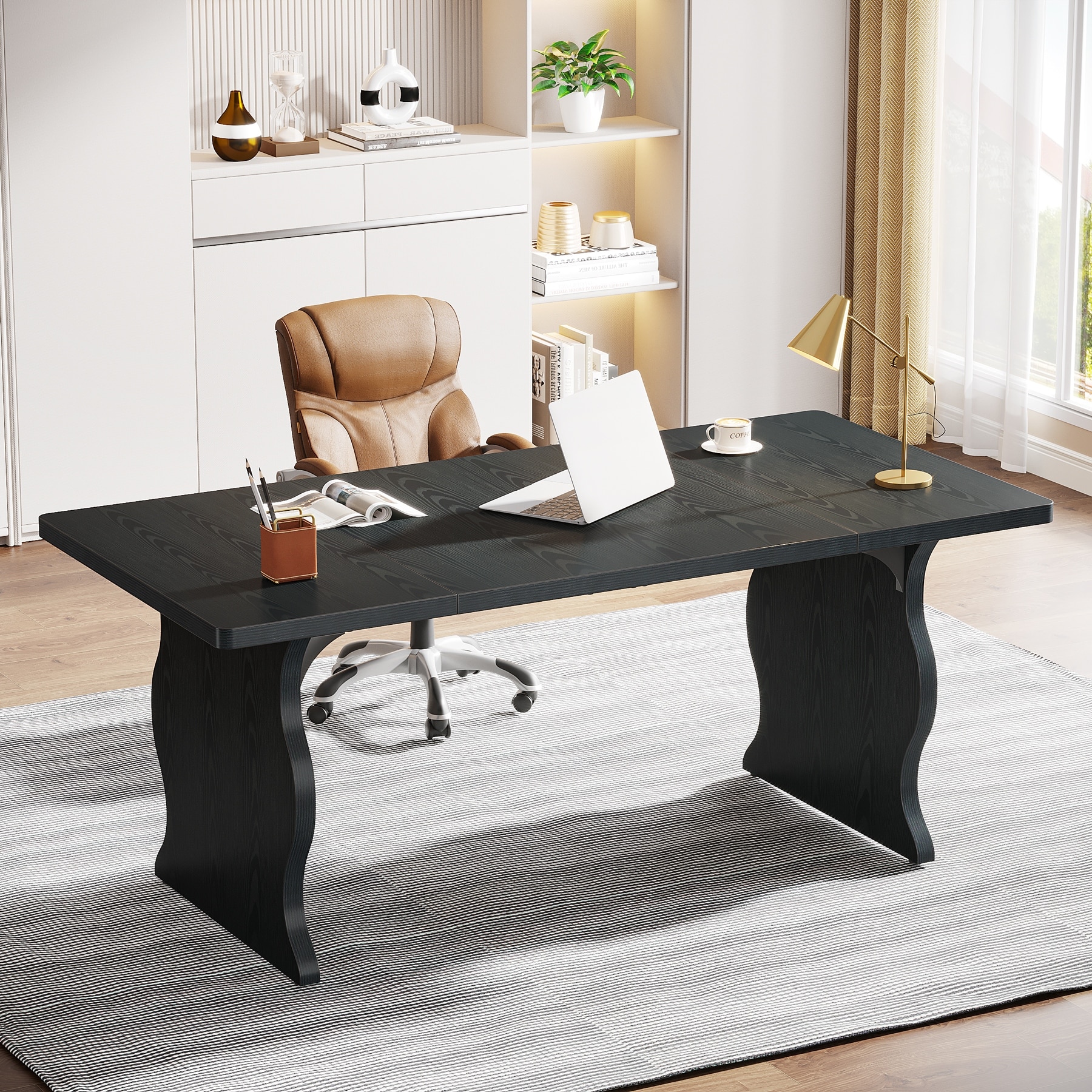 63-Inch Black Executive Desk, Modern Computer Desk Writing Table for Home Office