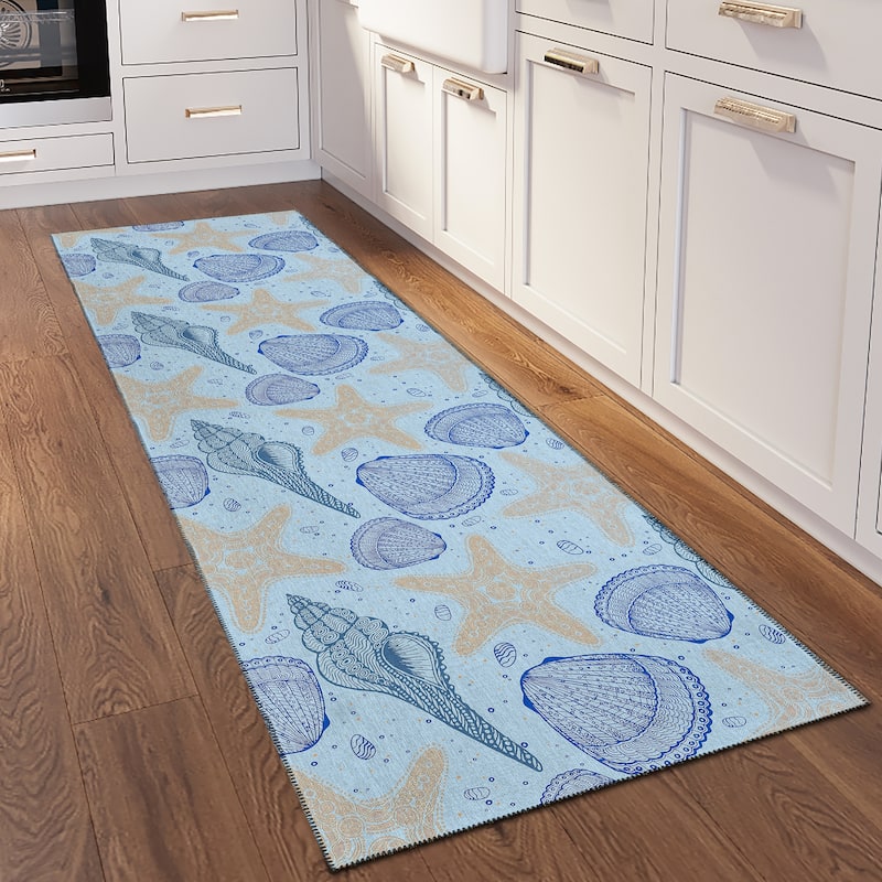 Indoor/ Outdoor Surfside Starfish Shells Washable Rug New
