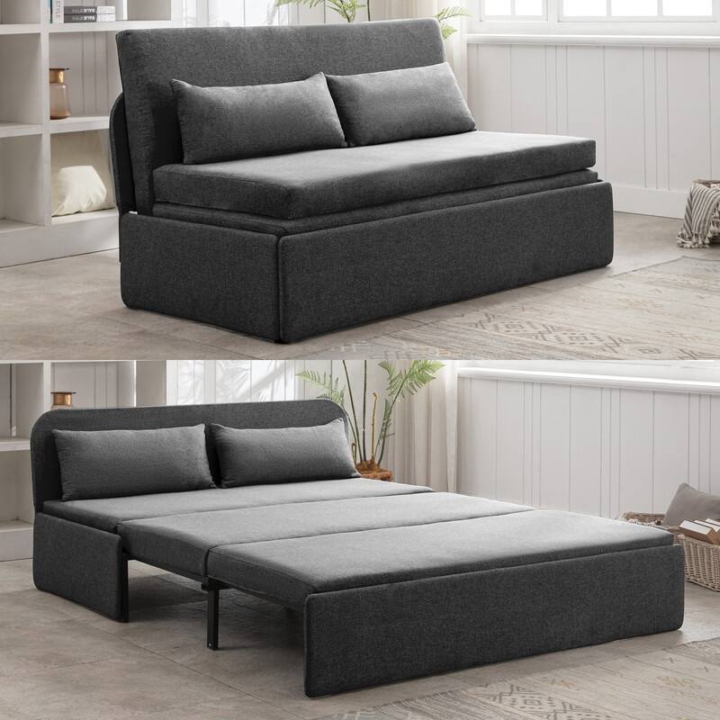Mixoy Linen 2-in-1 Convertible Sofa Bed,Twin/Queen Pull Out Sleeper Sofa with Mattress,Cushions - Queen Size - Dark Grey