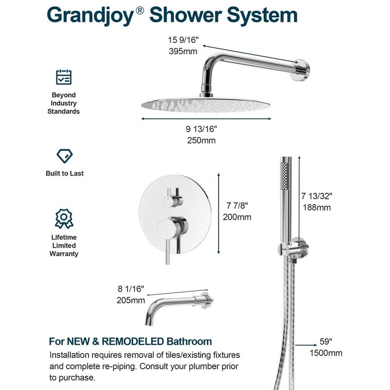 GRANDJOY 3-in-1 Shower Faucet System 10 Inch Rainfall Shower Head with Tub Spout Bathroom Shower Faucets