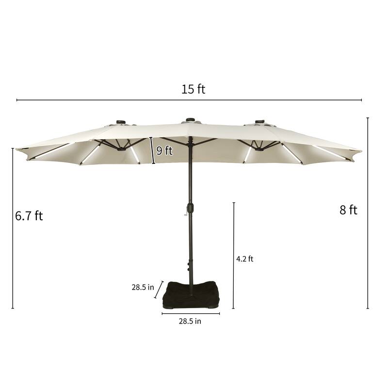 15 ft. Crank Double-sided Solar LED Ultra Lighted Outdoor Market Umbrella with Base Included