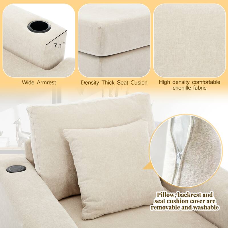 Oversized Chaise Lounger Modern Sofa Couch with Pillows, Charge Station & Cup Holders