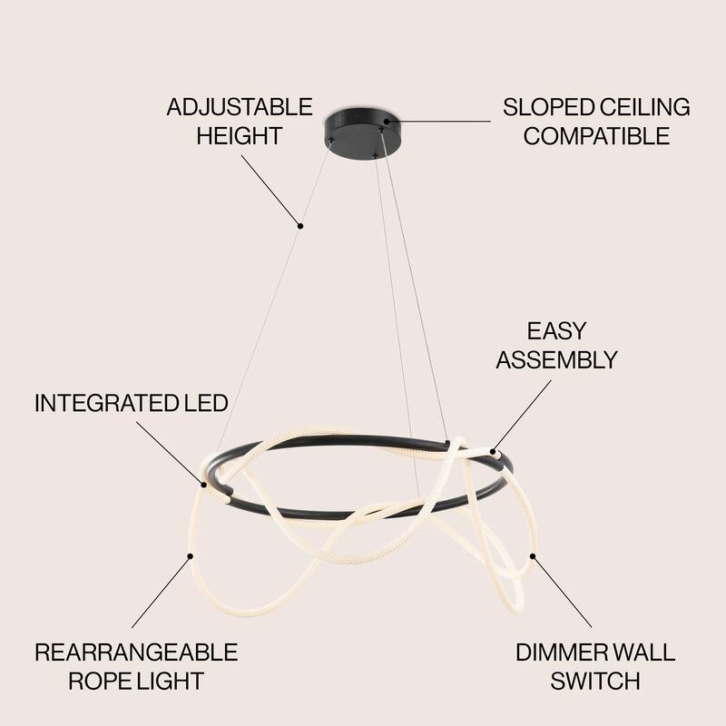 Nuvola 25" Contemporary Minimalist 360 Adjustable Silicone Neon Rope Dimmable Integrated LED Chandelier, by JONATHAN Y