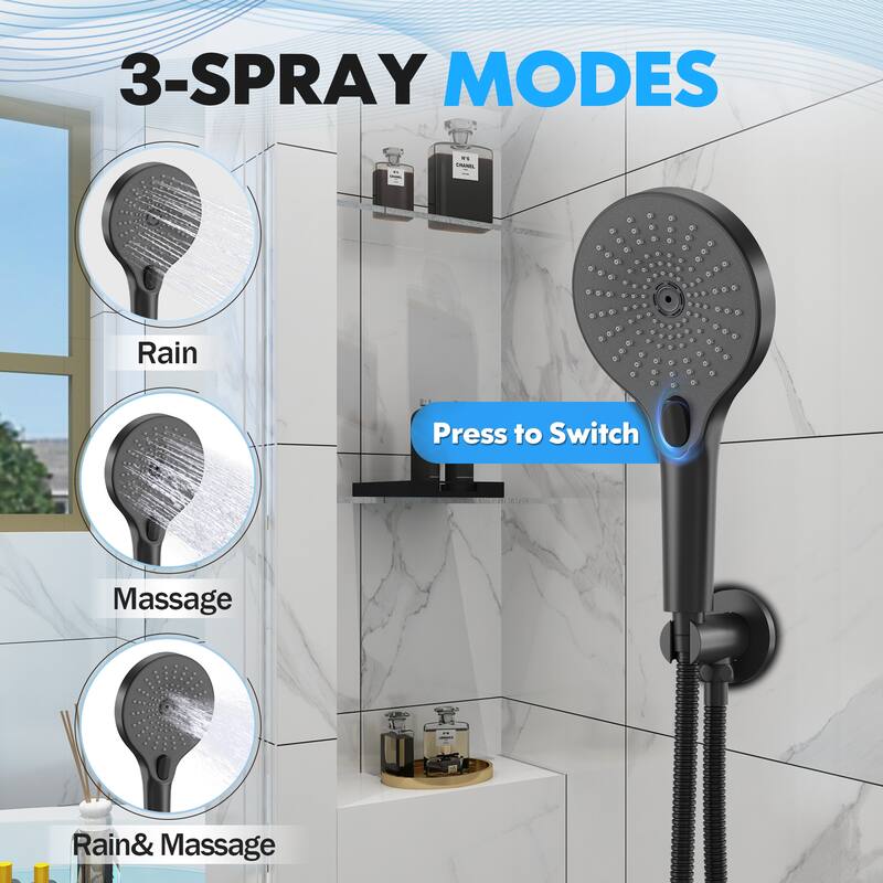 3-Functions Wall Mount Shower System Rainfall Shower Head - Matte Black 10 inch