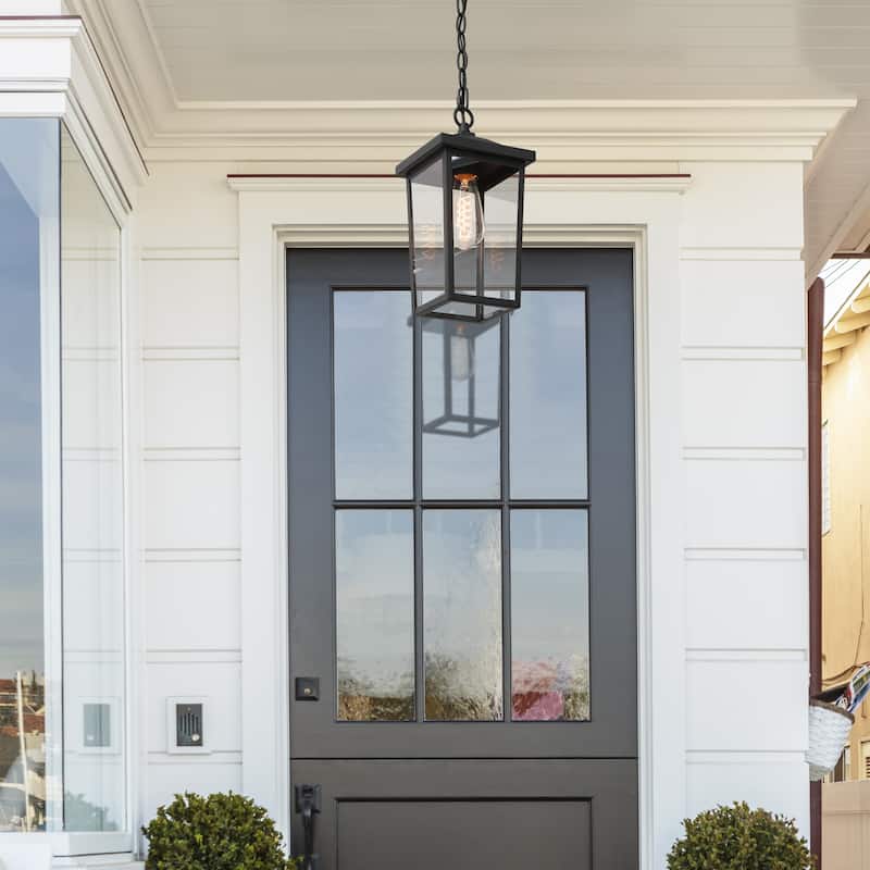 Bern Modern 1-Light Black Outdoor Ceiling Lights Lantern Porch Pendant Light - L 6.3"x W 6.3"x H 13"