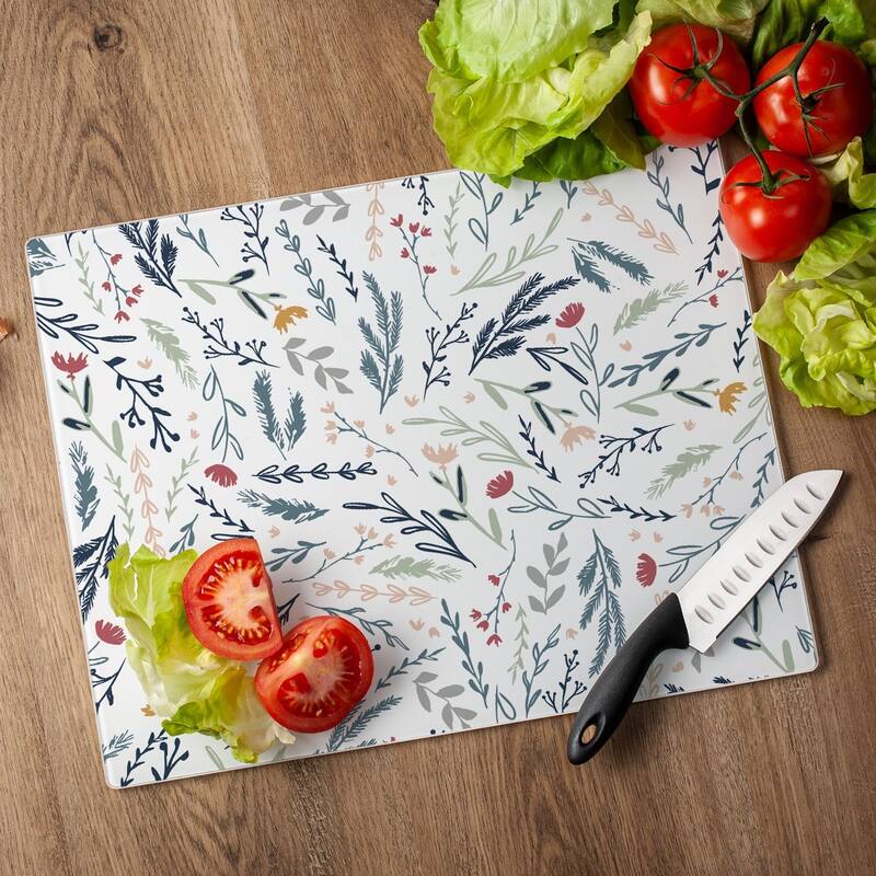 Floral Sketch 3mm Heat Tolerant Tempered Glass Cutting Board 15” x 12” Manufactured in the USA Dishwasher Safe
