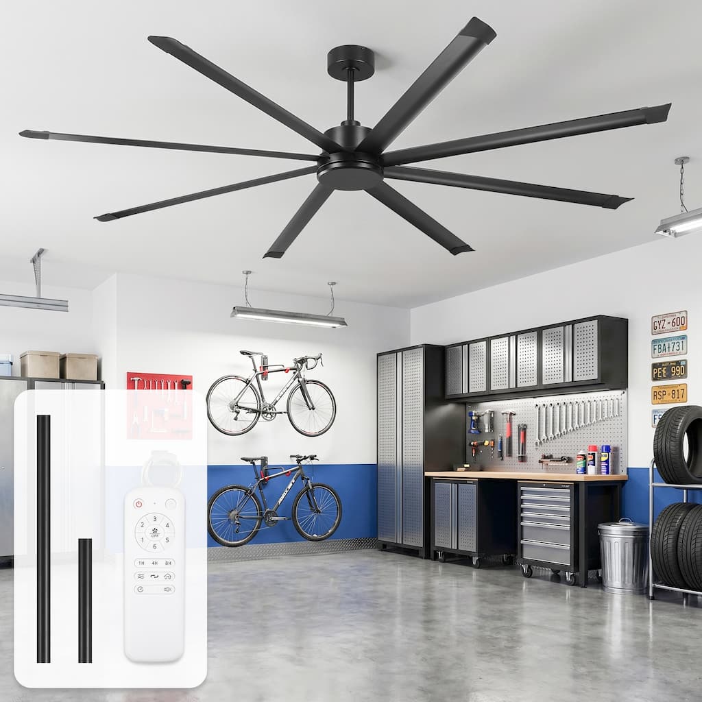 120-inch Black Industrial Extra Large Commercial HVLS Ceiling Fan with 8 Aluminum Blades and Remote Control - 120" W x 23.62" H