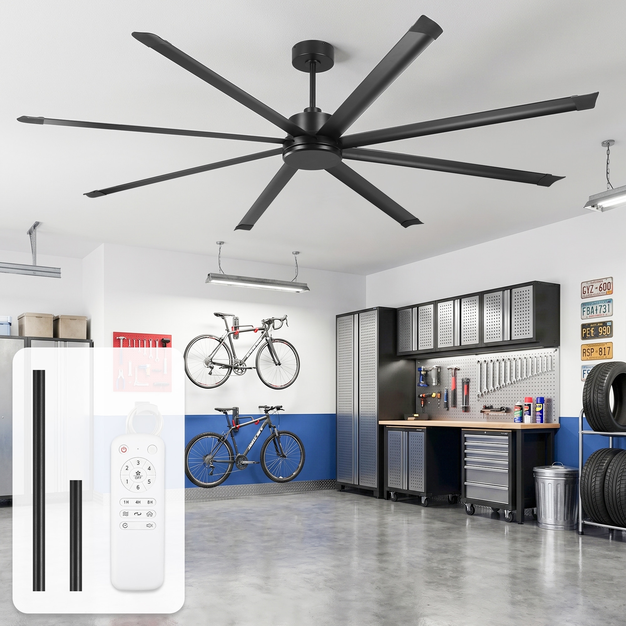 120-inch Black Industrial Extra Large Commercial HVLS Ceiling Fan with 8 Aluminum Blades and Remote Control - 120" W x 23.62" H