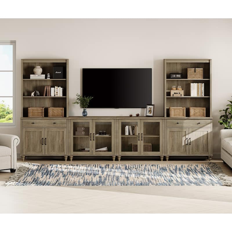 Wash Grey Farmhouse TV Stand with Wooden Doors & Drawers - 8 doors