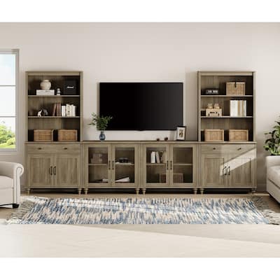 Wash Grey Farmhouse TV Stand with Wooden Doors & Drawers