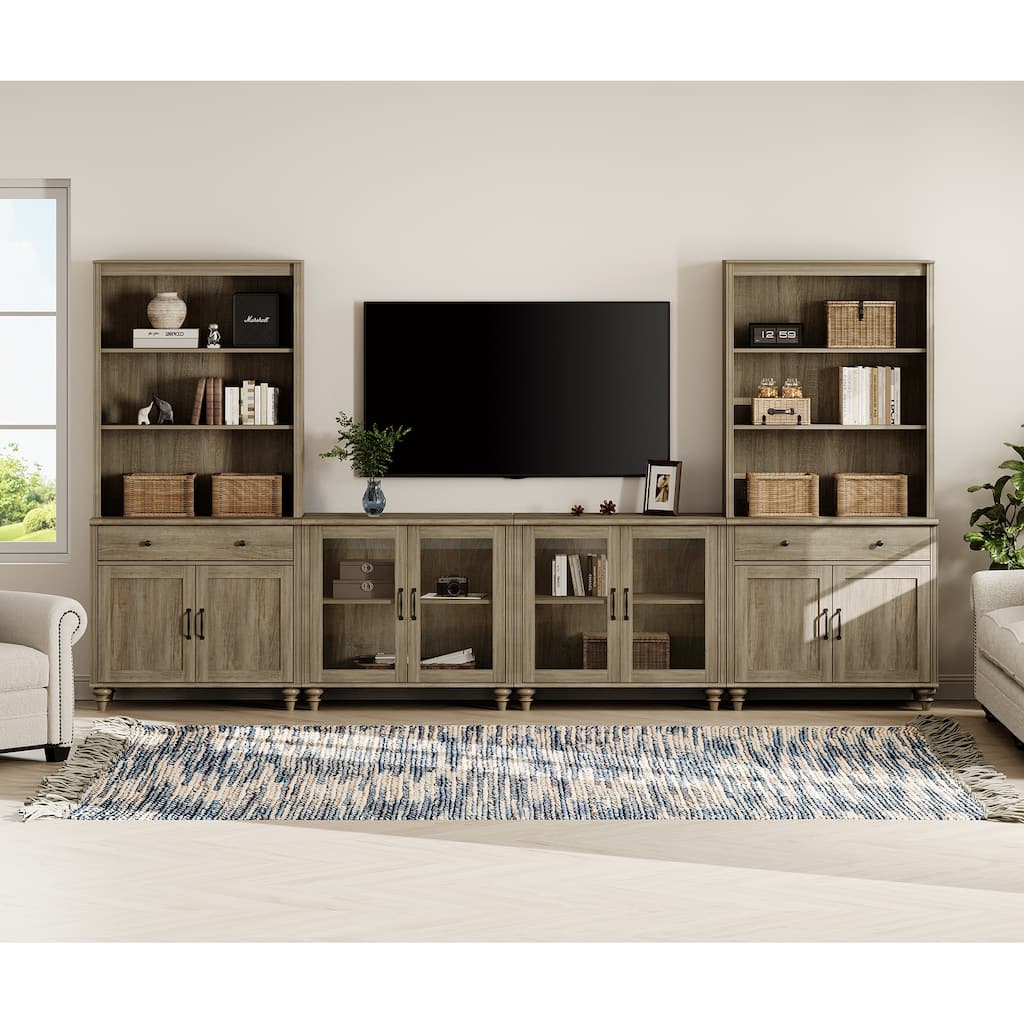Wash Grey Farmhouse TV Stand with Wooden Doors & Drawers