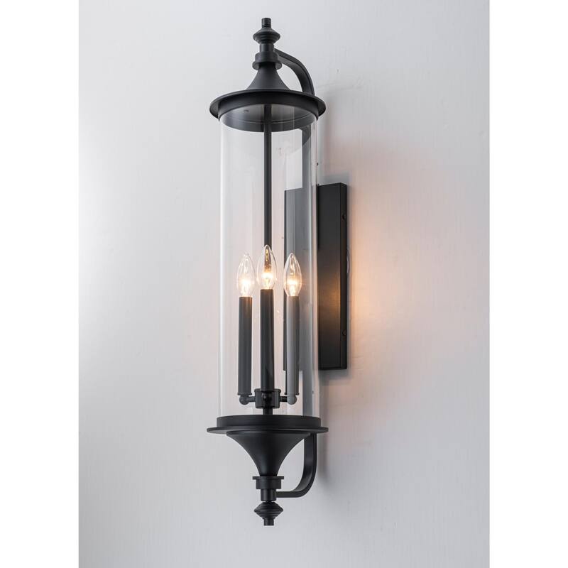 32.7" H 3-Light Industial Black Outdoor Hardwired Wall Lantern Sconce with Cylindrical Clear Glass for Home Outside - 7.9 in. W x 32.7 in. H x 10.2 in. D - Black/Clear