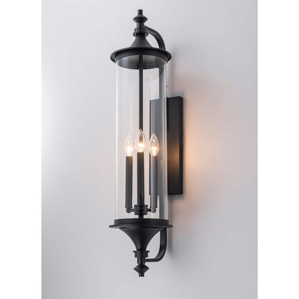 32.7" H 3-Light Industial Black Outdoor Hardwired Wall Lantern Sconce with Cylindrical Clear Glass for Home Outside