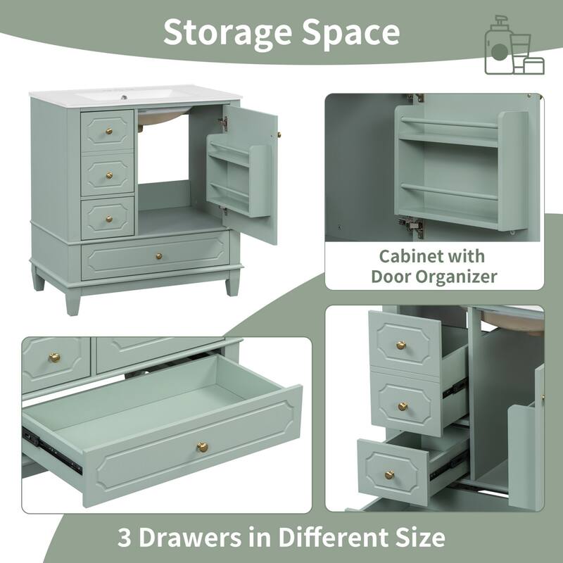 30 " Bathroom Vanity with Sink, Drawers, and Storage Shelves