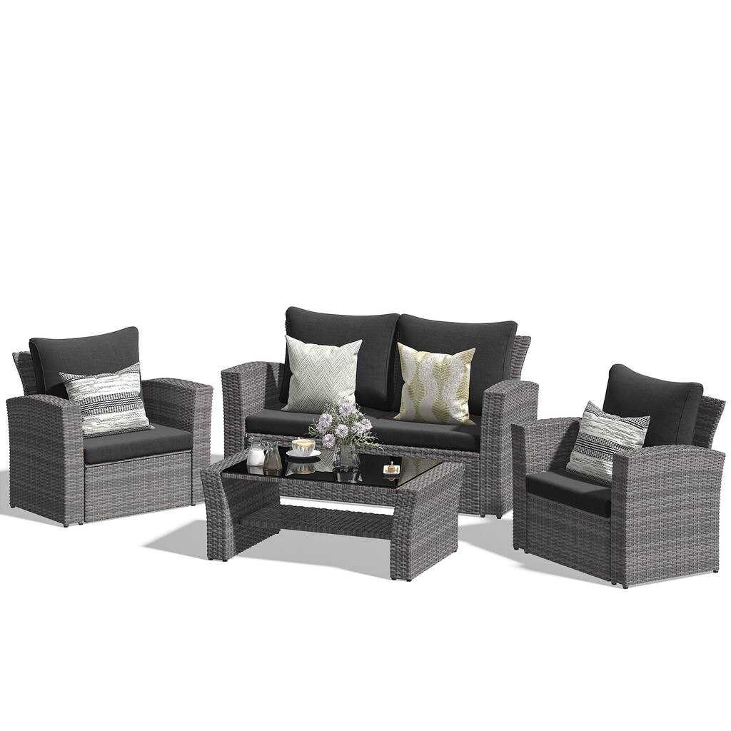 4-Piece Wicker Patio Set with Cushions & Coffee Table