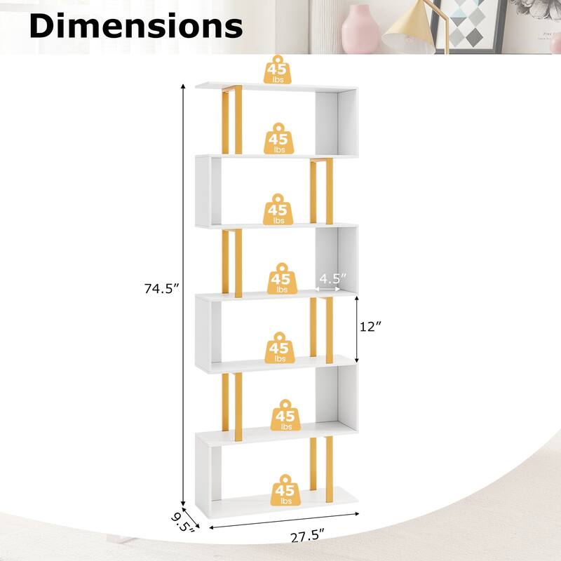 Gymax 6-Tier Geometric Bookcase 74.5-Inch S-Shaped Bookshelf w/ Metal