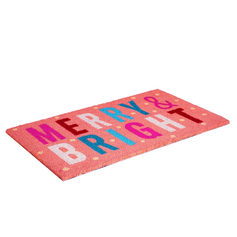 HomeRoots 17" X 29" Pink Blue And White Christmas Merry and Bright Outdoor Coir Door Mat - 17.00' X '29.00
