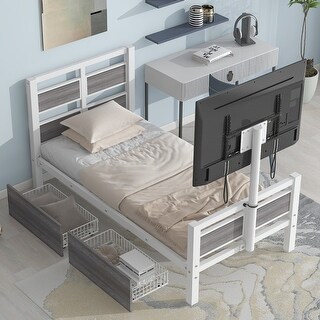 Twin Size Metal Platform Bed w/ Drawers & Rotatable TV Stand Unisex