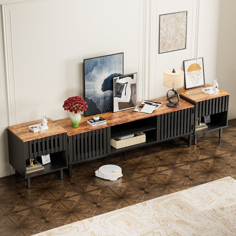 TV Stand with Grille-Striped Doors, Entertainment Center with Open Shelves, Media Console Table with Metal Legs
